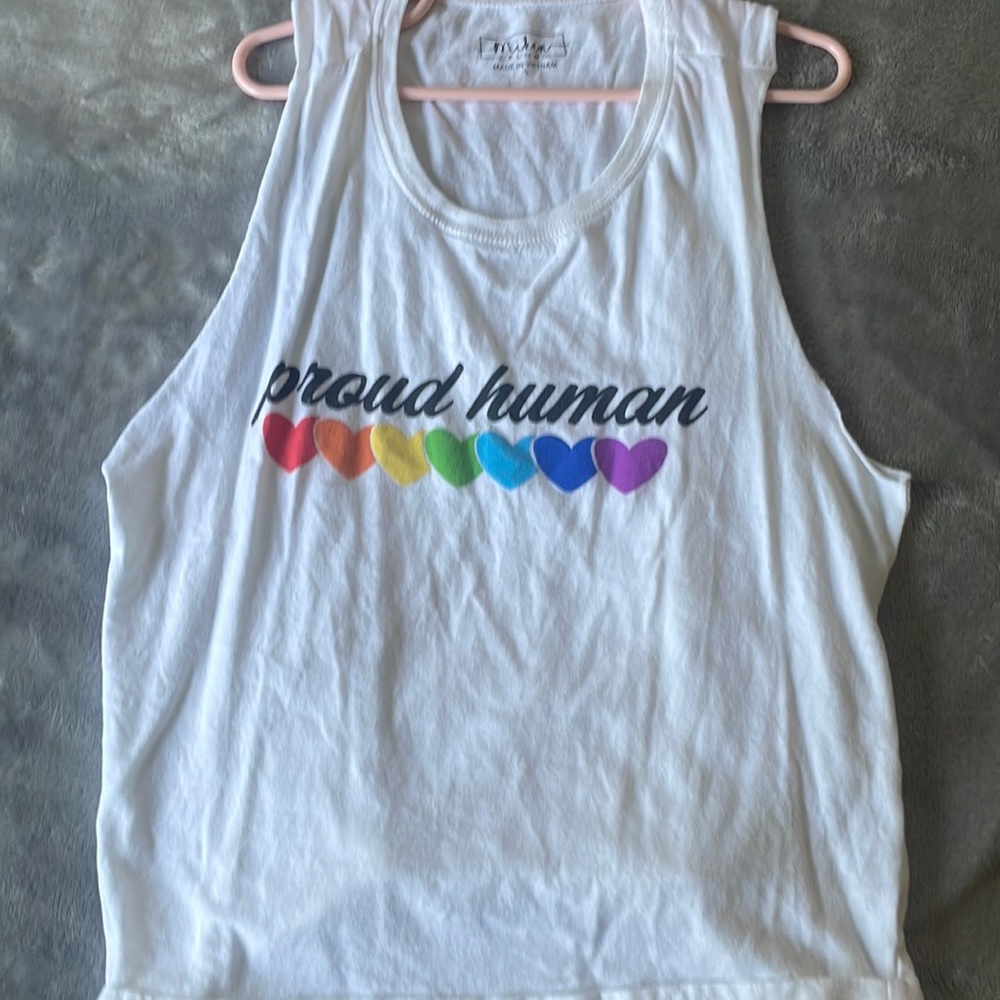 White shirt with rainbow hearts “Proud Human”